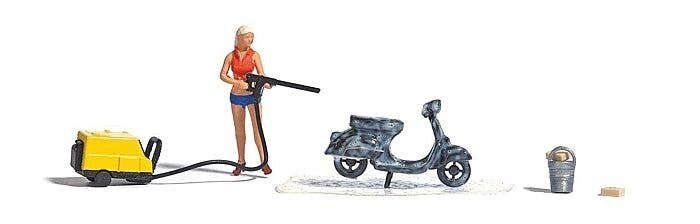 Complete Miniature Scene -- Scooter Wash with Pressure Washer, Bucket and Woman Figure, HO, Busch Gmbh & Co Kg 7833