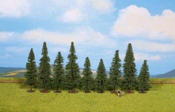 Fir Trees pkg(9) -- 3-1/8 to 4-3/4′ 8 to 12cm Tall w/Flat Base, HO, Walthers SceneMaster 1160