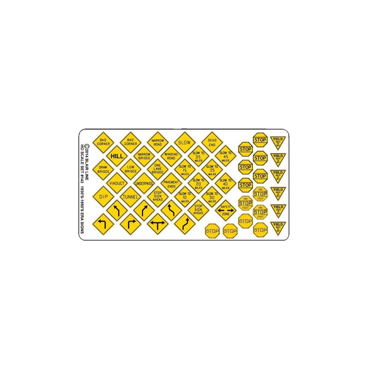 Highway Signs -- Vintage Warning/Stop 1930s-1950s (black, yellow), HO, Blair Line 143