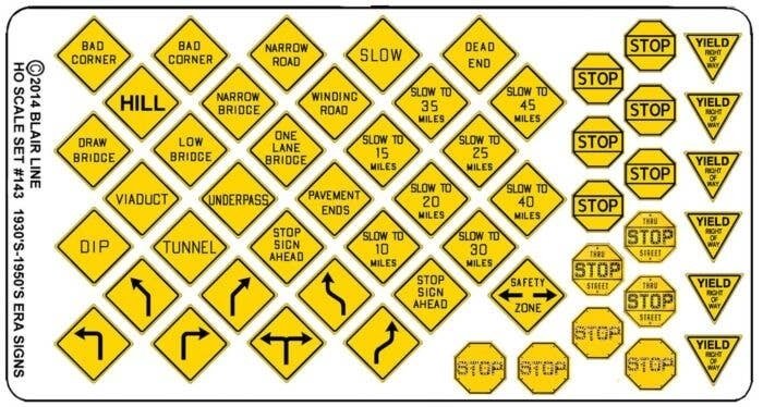Highway Signs -- Vintage Warning/Stop 1930s-1950s (black, yellow), HO, Blair Line 143