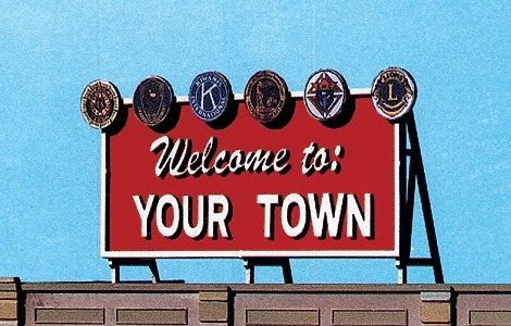 Laser-Cut Wood Billboards - Small for Z, N & HO -- Welcome to Yourtown 2.1 x 1.25′, All Scales, Blair Line 1528