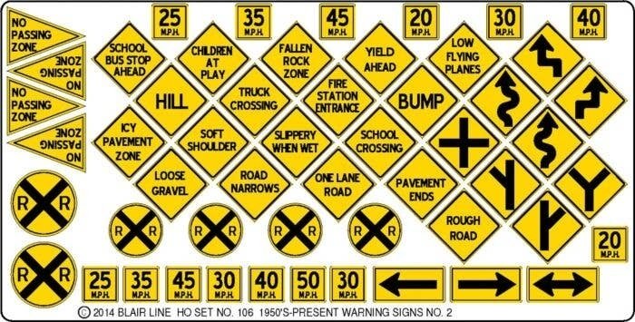 Highway Signs -- Warning 2 1948-Present (black, yellow), HO, Blair Line 106