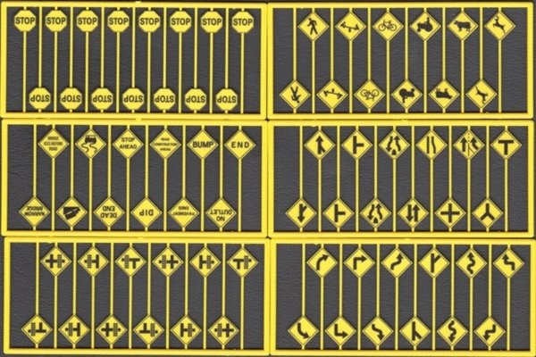 Early Road Sign Assortment -- 15 Yellow Stop Signs, 60 Warning Signs - 1 Each of Sets 293-8247,, HO, Tichy Train Group 8258