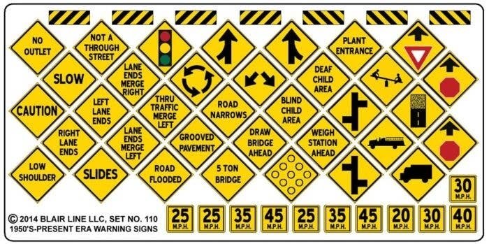 Highway Signs -- Warning 4 1948-Present (black, yellow), HO, Blair Line 110