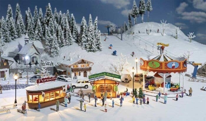 Christmas Market Set -- Ikit Includes 2 Stalls, Carousel (Unpowered), Icicles, Snow Powder, HO, Faller Gmbh 190143