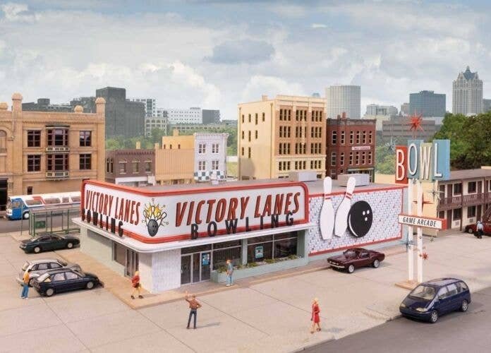 Vintage Bowling Alley -- Kit - 12-3/8 x 7-7/16 x 3′ 31.4 x 18.8 x 7.6cm, HO, Walthers Cornerstone 4118