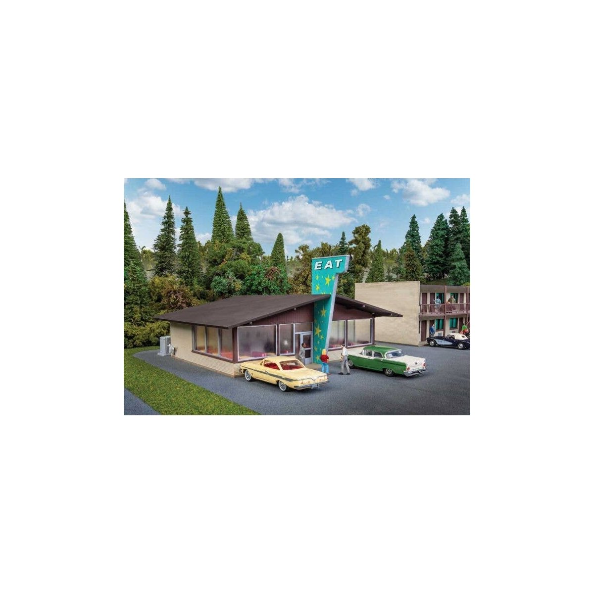 Vintage Motor Restaurant -- Kit - 6-3/4 x 5-5/8 x 3-1/4′ 17.1 x 14.2 x 8.2cm, HO, Walthers Cornerstone 3489