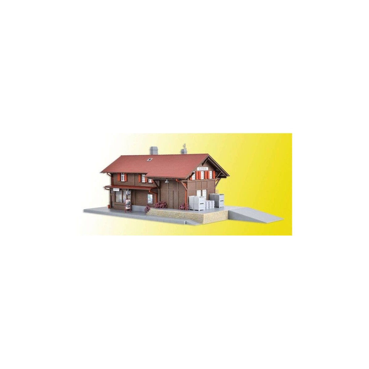 Surava Wooden Depot w/LED Light -- Kit - 12-3/16 x 5-1/2 x 4-1/2′ 31 x 14 x 11.5cm, HO, Kibri 39519
