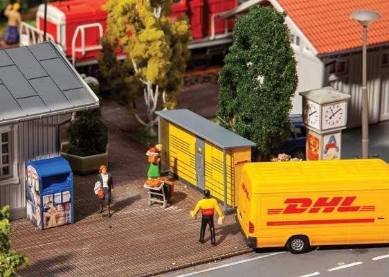 DHL Package Stations -- 2 x 1/2 x 1-1/16′ 5 x 1.2 x 2.7cm pkg(2), HO, Faller Gmbh 180281