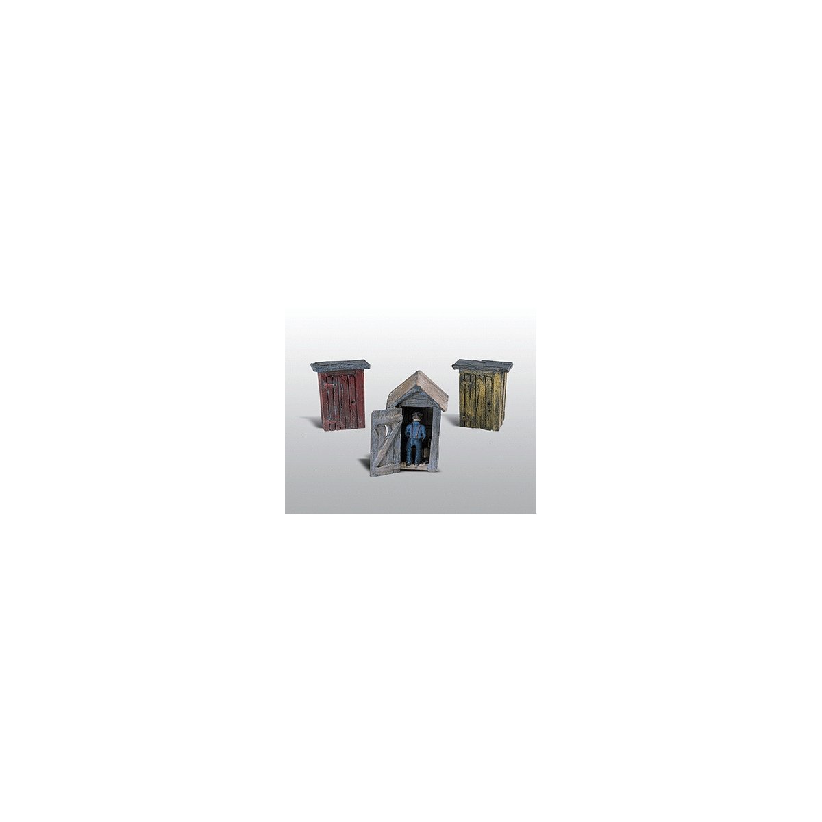 3 Outhouses & Man - Scenic Details(R) -- Kit, HO, Woodland Scenics 214