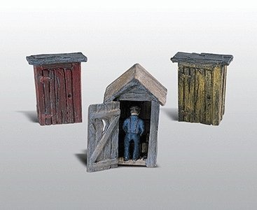 3 Outhouses & Man - Scenic Details(R) -- Kit, HO, Woodland Scenics 214
