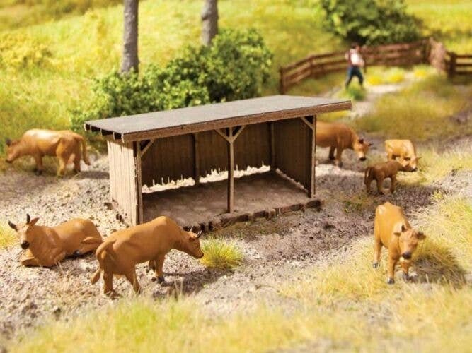 Cattle Shed - Laser-Cut Minis -- Laser-Cut Kit - 2-7/16 x 1-5/8 x 1-3/16′ 6.2 x 4.2 x 3cm, HO, Noch Gmbh & Co 14379