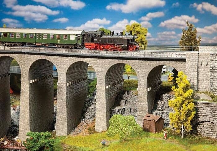 Straight Double-Track Stone Railroad Viaduct with Abutments and Extra Pier -- Kit - 18-5/8 x 6-5/8 , HO, Faller Gmbh 120465