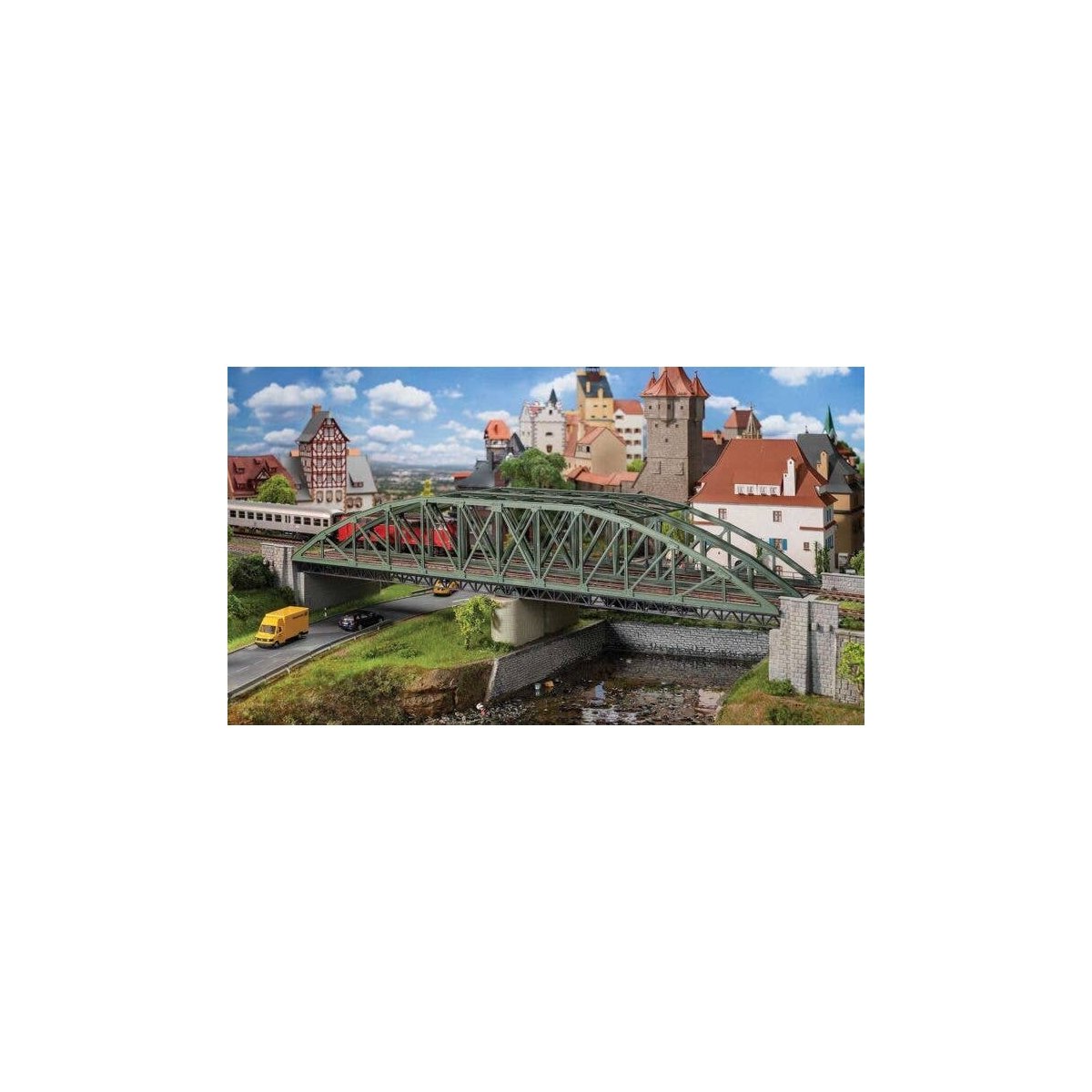 Double-Track Steel Arch Bridge with Abutments -- Kit - 26-1/16 x 6-7/16 x 6′ 66.2 x 16.4 x 15.2cm, HO, Faller Gmbh 120507