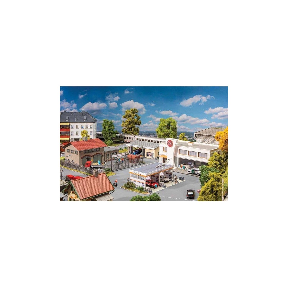 Industrial Estate Set -- Kit - Includes Car Dealership, Car Wash, Garage, Scrapyard w/Fence, HO, Faller Gmbh 190086