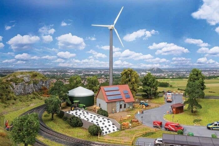 Sustainable Agriculture Set -- Kit - Wind Turbine, Shed with Solar Panels, Manure Pile, Silage Tank, HO, Faller Gmbh 190037