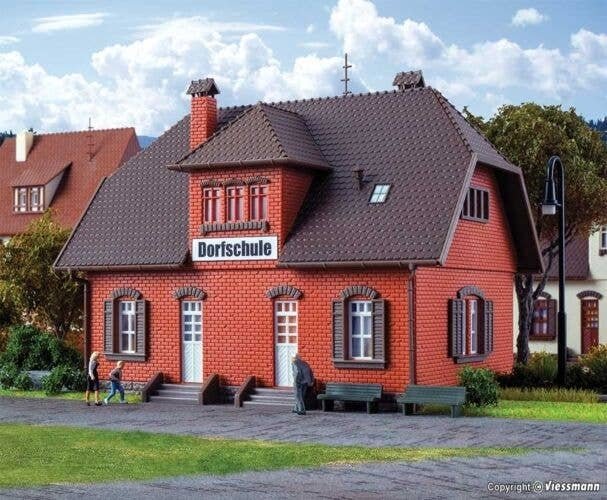 Brick Small Village School -- Kit - 6-3/8 x 4-3/4 x 4-7/8′ 16.2 x 12 x 12.3cm, HO, Vollmer Gmbh 43570