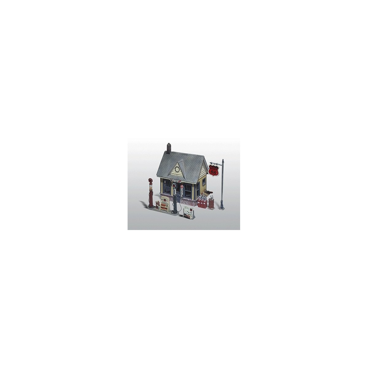 Scenic Details(R) -- Gas Station - Kit (Unpainted Metal) 4 x 2-7/8′ 10.2 x 7.3cm, HO, Woodland Scenics 223