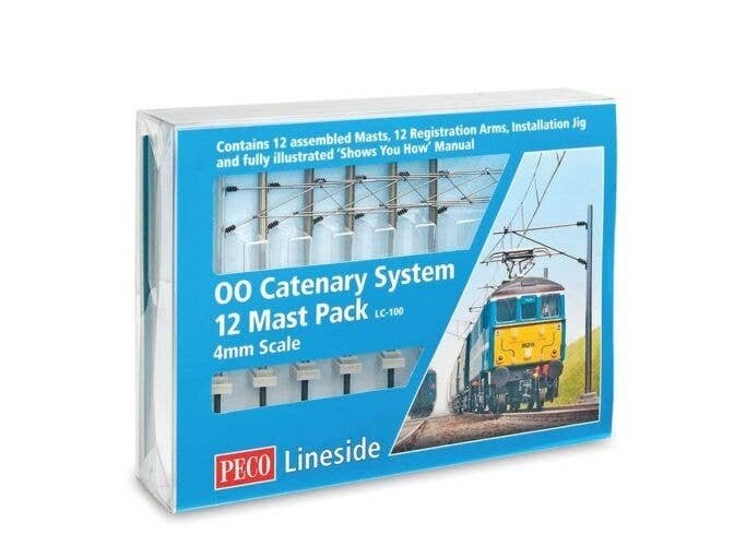 Catenary System Startup Pack -- 12 Each Masts, Registration Arms, Installation Jig & Guidebook, HO, Peco LC100