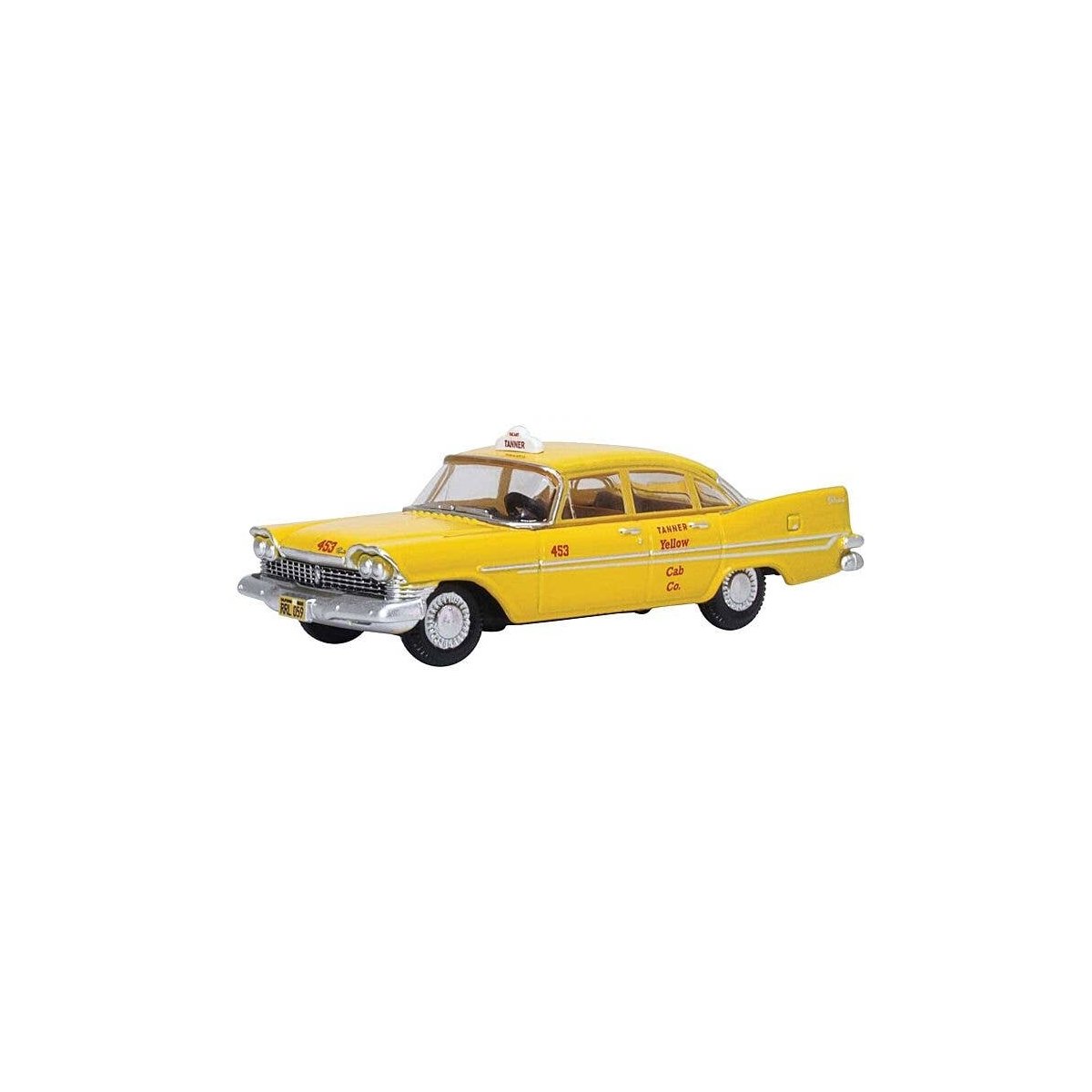 1959 Plymouth Belvedere Sedan - Assembled -- Tanner Yellow Cab Co. Southern California (yello, HO, Oxford Diecast 87PS59002