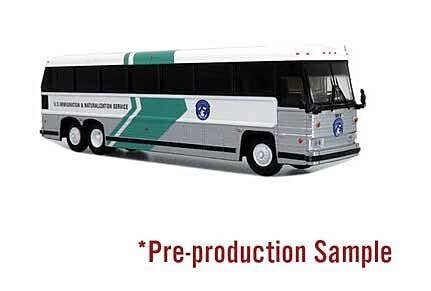 MCI MC-12 Bus - Assembled -- U.S. Immigration & Naturalization Service (white, silver, green), HO, Iconic Replicas 870343