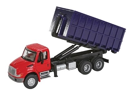 International(R) 4300 Dual-Axle Dumpster Carrier Truck - Assembled -- Red Cab, Blue Dumpste, HO, Walthers SceneMaster 11630