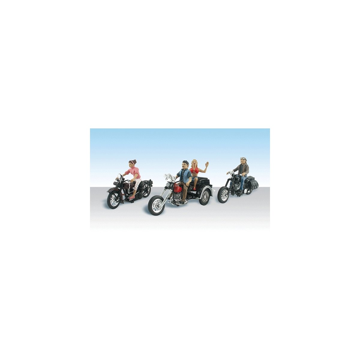 AutoScenes(R) - Assembled -- Born to Ride - 4 Riders on 3 Motorcycles, HO, Woodland Scenics 5549