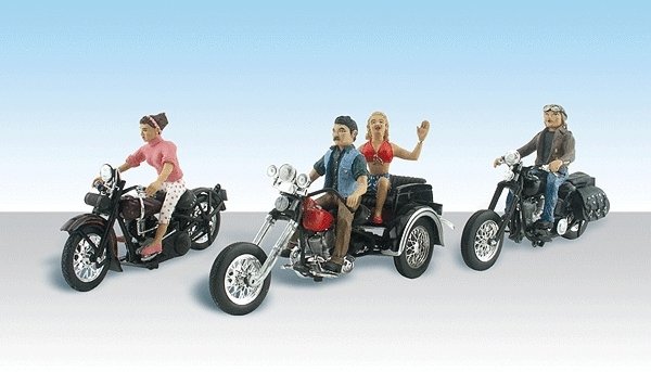 AutoScenes(R) - Assembled -- Born to Ride - 4 Riders on 3 Motorcycles, HO, Woodland Scenics 5549