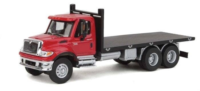 International(R) 7600 3-Axle Flatbed Truck - Assembled -- Red Cab, Black Flatbed, HO, Walthers SceneMaster 11652