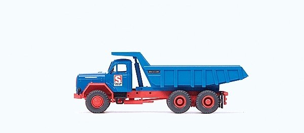 Magirus F 230 D 22 AK Dump Truck - Kit (Plastic) -- Schwitt-Bau Neustadt (blue, red, German Lettering, HO, Preiser Kg 31313