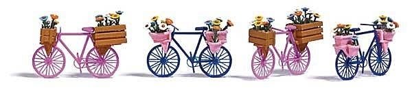 4 Bicycles with Flower Baskets -- 2 Each Pink, Blue, HO, Busch Gmbh & Co Kg 1820