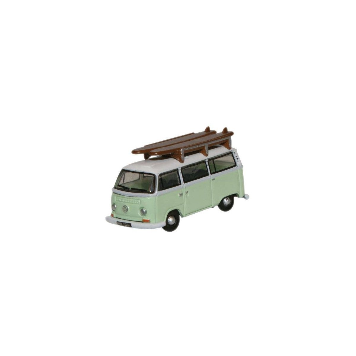 1960s Volkswagen Passenger Van w/Surfboard Roof Rack - Assembled -- Birch Green, White, N, Oxford Diecast NVW007