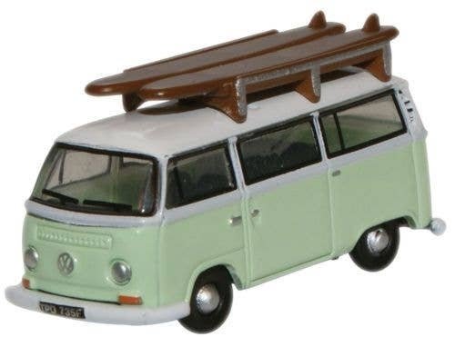 1960s Volkswagen Passenger Van w/Surfboard Roof Rack - Assembled -- Birch Green, White, N, Oxford Diecast NVW007