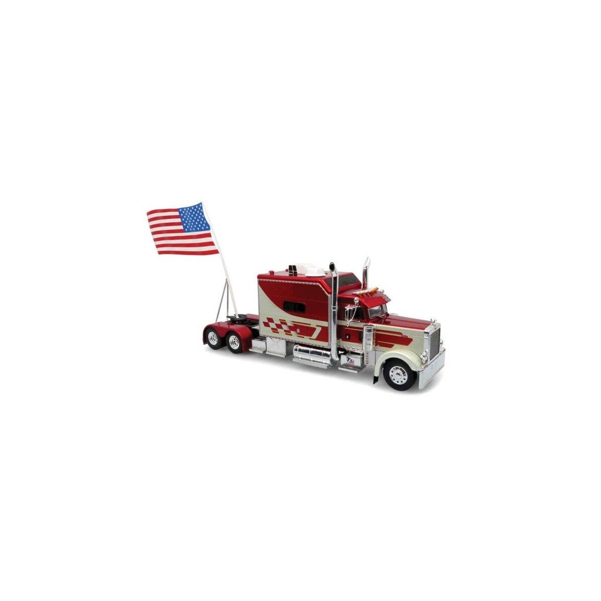 Peterbilt 379 Sleeper-Cab Semi Tractor Only - Assembled -- Red, Silver, American Flag Holder, 1/43, Iconic Replicas 430517
