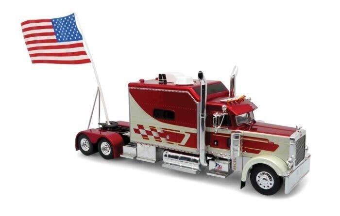 Peterbilt 379 Sleeper-Cab Semi Tractor Only - Assembled -- Red, Silver, American Flag Holder, 1/43, Iconic Replicas 430517
