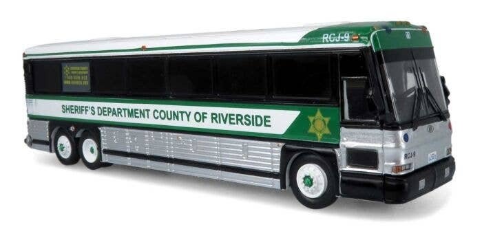MCI D4000 Coach - Assembled -- Riverside County Sheriff (white, silver, green), HO, Iconic Replicas 870482