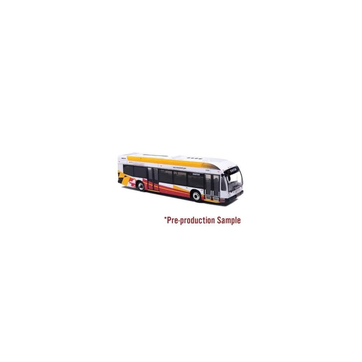 Nova Bus LFSH Transit Bus - Assembled -- MTA Maryland (white, red, yellow), HO, Iconic Replicas 870634