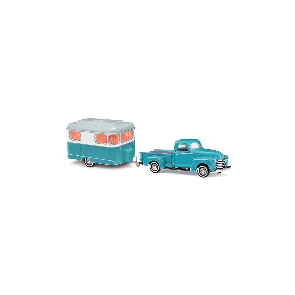 1950 Chevrolet Pickup Truck with Nagetusch Camper Trailer - Assembled -- Teal, HO, Busch Gmbh & Co Kg 48243