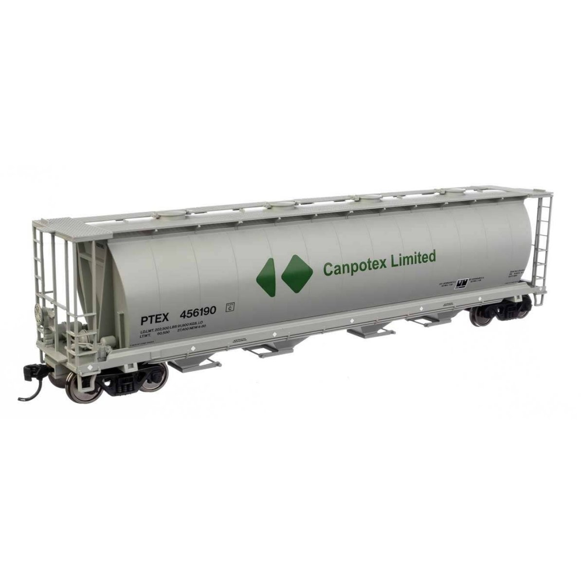 59′ Cylindrical Hopper - Ready to Run -- Canpotex Ltd PTEX 456190 (white, green, black, round hatches)