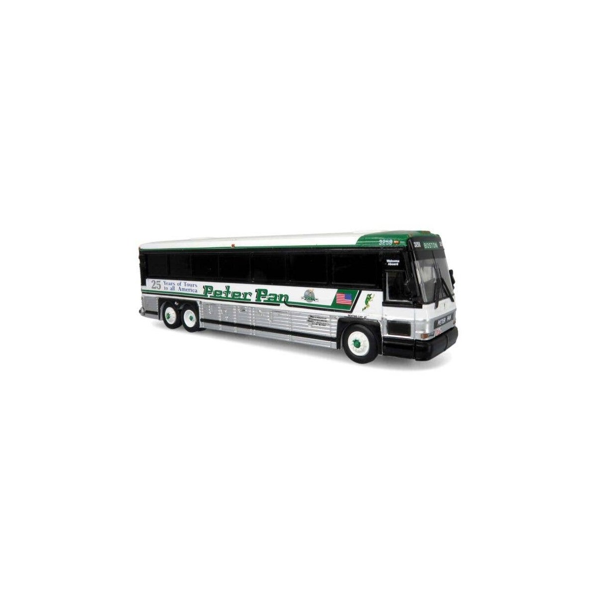 MCI D4000 Coach - Assembled -- Peter Pan (white, silver, green), HO, Iconic Replicas 870484