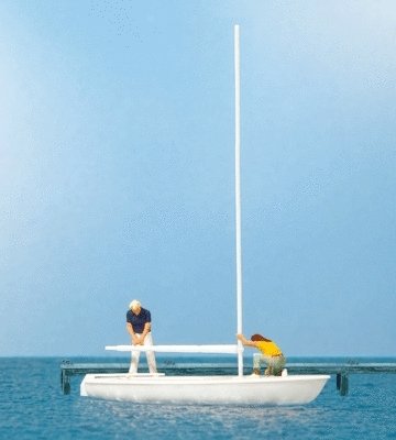 Korsar Sailboat w/Sailors Unrigging the Sails -- Sails Down (white, yellow), HO, Preiser Kg 10680
