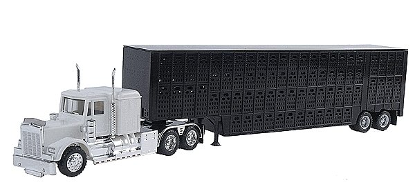 Kenworth W-900 w/Skirted Chassis, Tool Box & 48′ Livestock Trailer -- White Tractor, Black Trailer, HO, Herpa Models 6347
