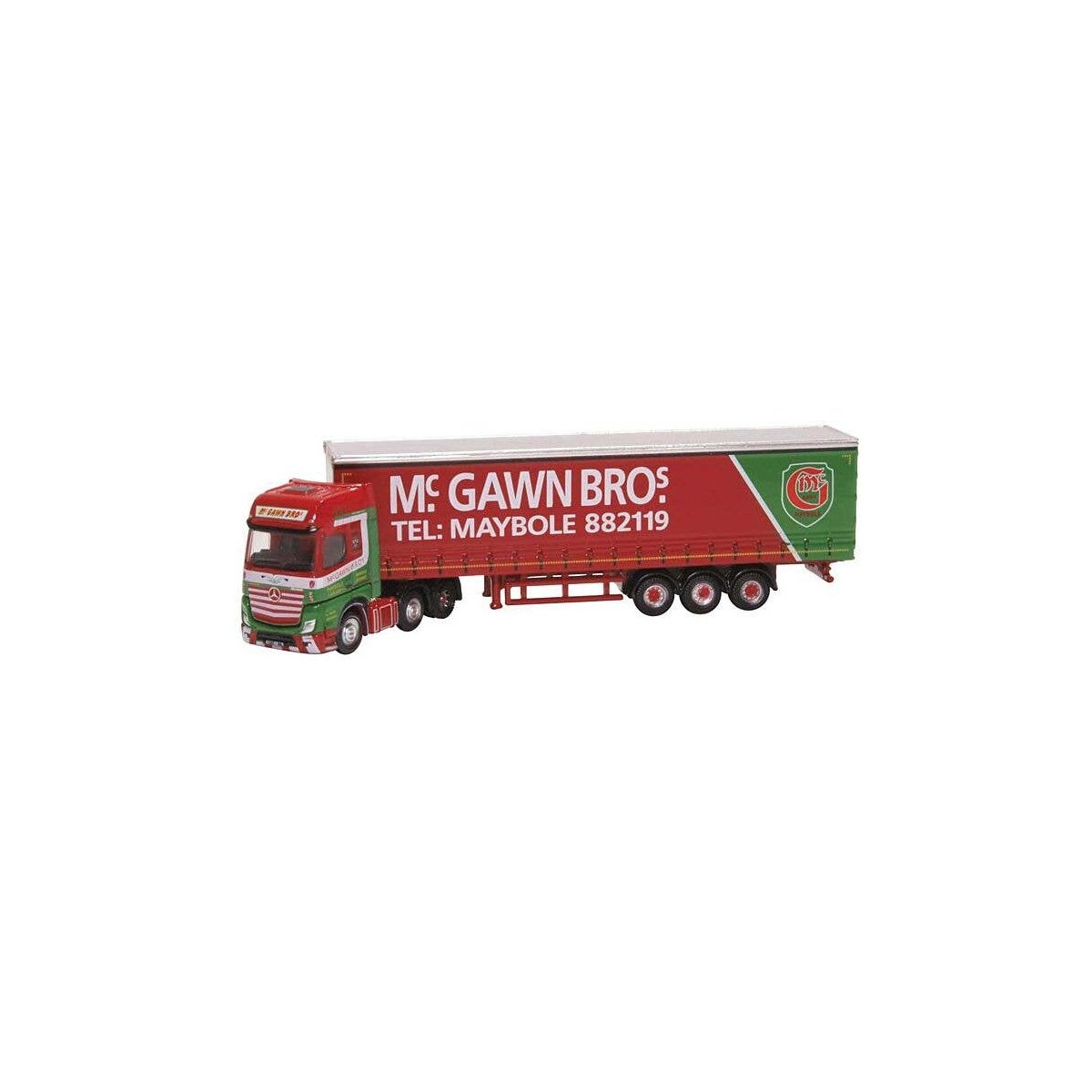 2012 Mercedes-Benz Actros Tractor with Curtain-Side Trailer - Assembled -- McGawn Bros (red, gree, N, Oxford Diecast NMB007