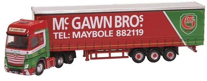 2012 Mercedes-Benz Actros Tractor with Curtain-Side Trailer - Assembled -- McGawn Bros (red, gree, N, Oxford Diecast NMB007