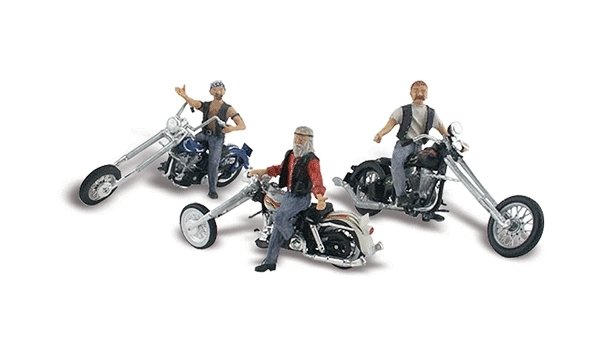 Bad Boy Bikers - Assembled - AutoScenes(R) -- 3 Figures & 3 Motorcycles, N, Woodland Scenics 5344