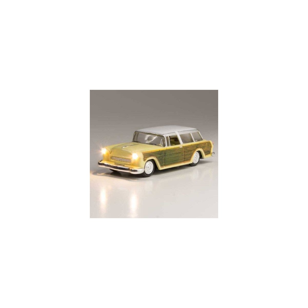Station Wagon - Just Plug(R) Lighted Vehicle -- Yellow with Wood Sides, HO, Woodland Scenics 5599
