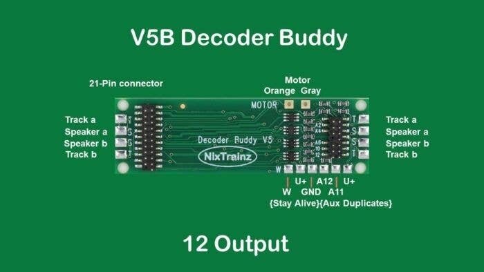 Decoder Buddy V5B - Locomotive Motherboard with 21-Pin Decoder Socket -- 12-Output 2.2K Resist, All Scales, Nix Trains NTZ5