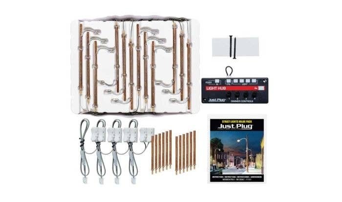 Wooden Pole Streetlight - Just Plug Value Pack -- With Light Hub pkg(12), HO, Woodland Scenics 5900