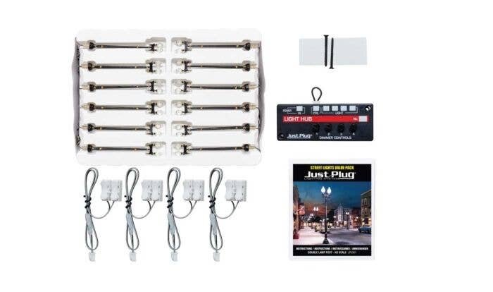 Double Lamp Post - Just Plug Value Pack -- With Light Hub pkg(12), HO, Woodland Scenics 5901