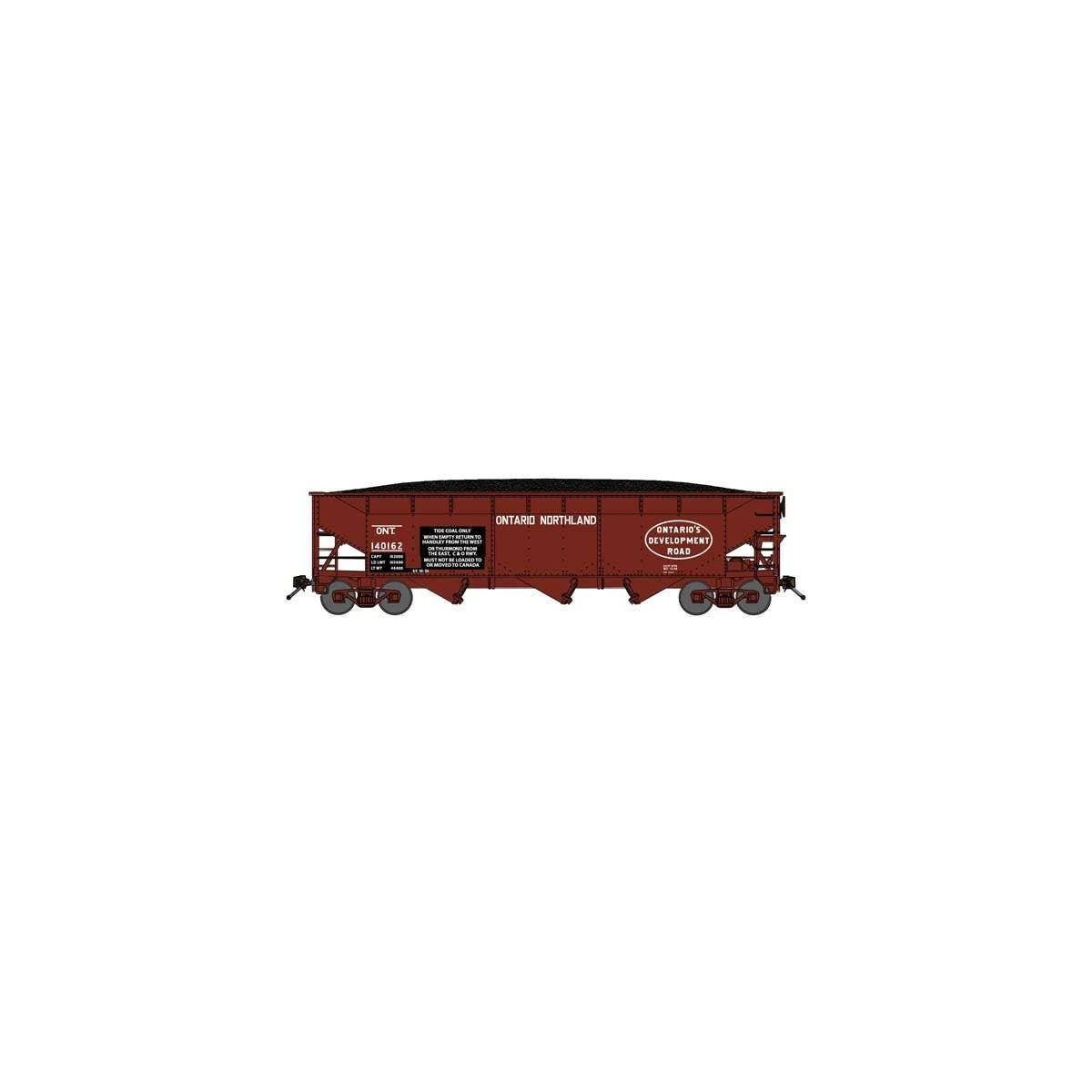 70-Ton Offset-Side 3-Bay Hopper w/Load - Ready to Run -- Ontario Northland 140124 (C&O Coal Service Stencil, Boxcar Red, Oval Lo